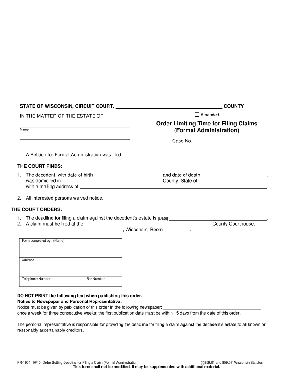 Form PR-1904 Order Setting Deadline for Filing a Claim - Wisconsin, Page 1