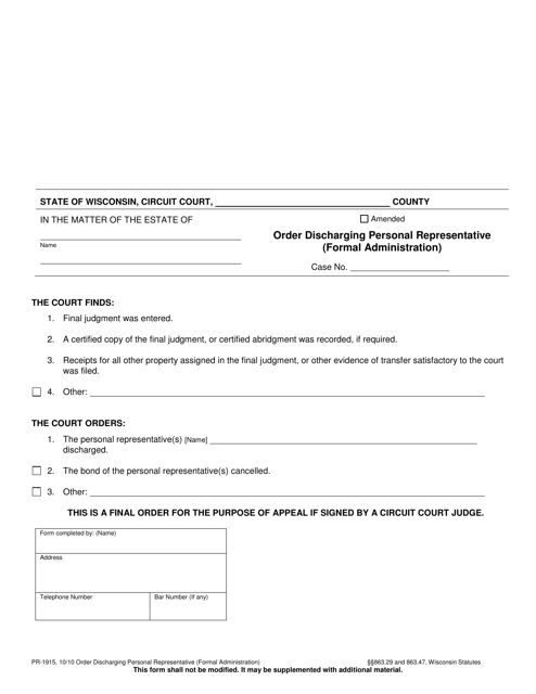 Form PR-1915 Order Discharging Personal Representative - Wisconsin