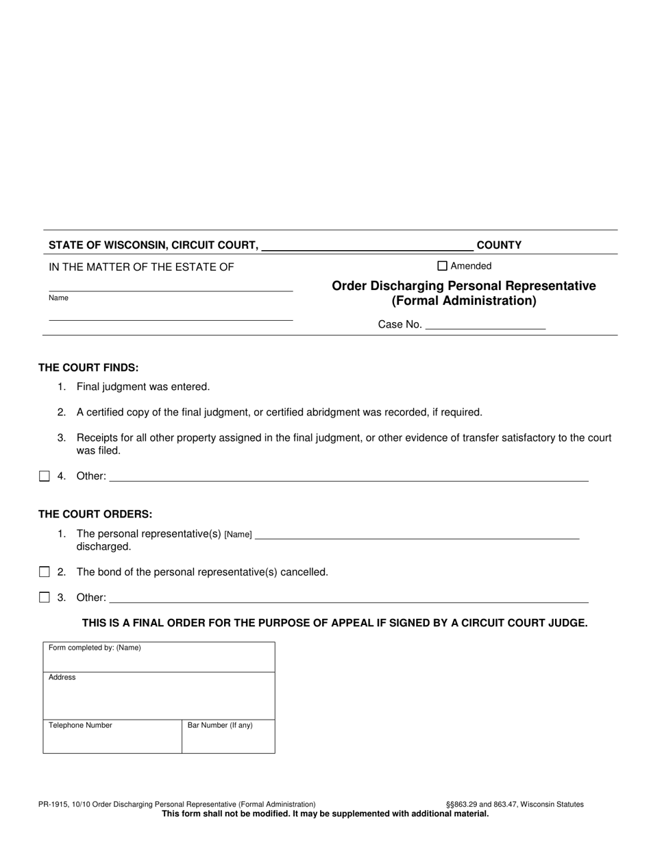 Form PR-1915 Order Discharging Personal Representative - Wisconsin, Page 1