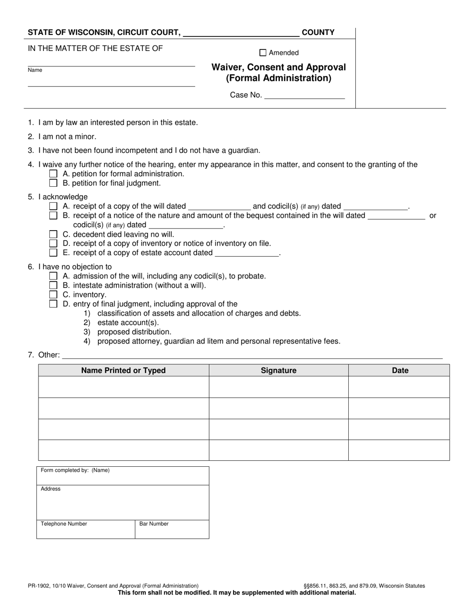 Form PR-1902 Waiver, Consent and Approval - Wisconsin, Page 1