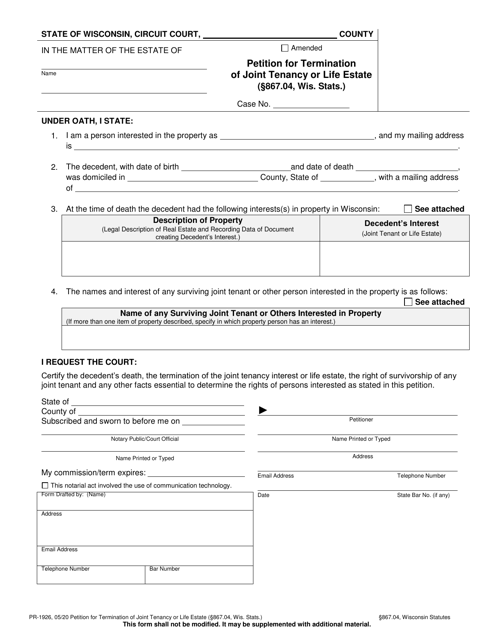 Form PR-1926 Petition for Termination of Joint Tenancy or Life Estate - Wisconsin