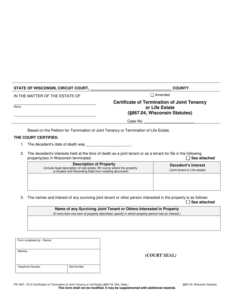 Form PR-1927 Certificate of Termination of Joint Tenancy or Life Estate - Wisconsin, Page 1