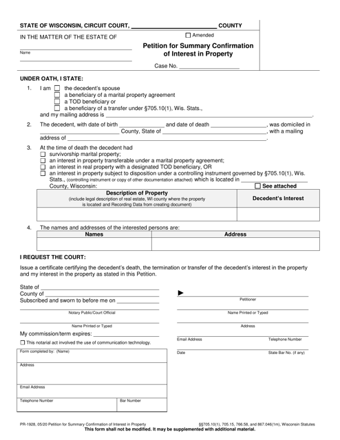 Form PR-1928 Petition for Summary Confirmation of Interest in Property - Wisconsin