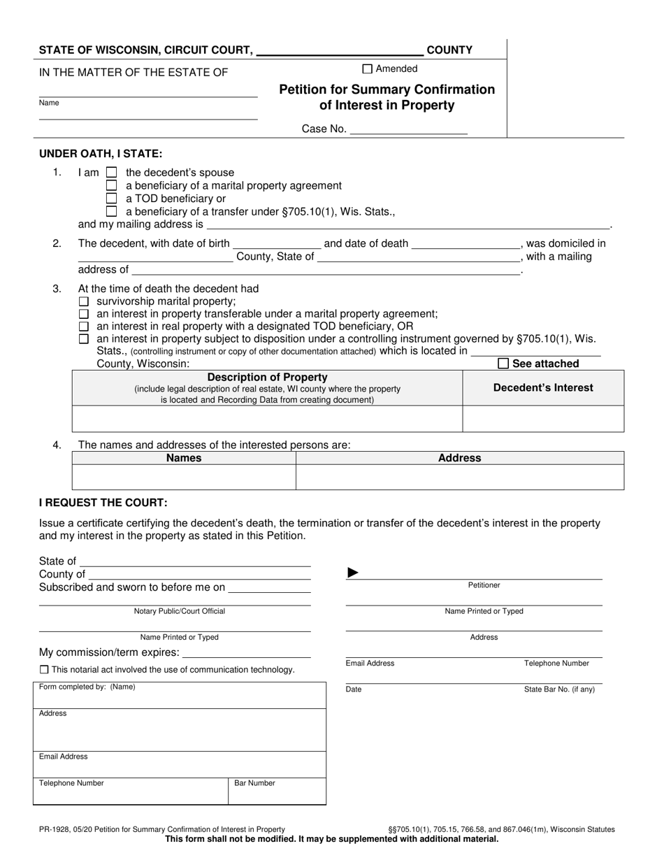 Form PR-1928 Petition for Summary Confirmation of Interest in Property - Wisconsin, Page 1