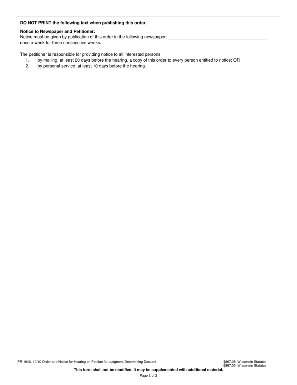 Form PR-1946 Order and Notice for Hearing on Petition for Judgment Determining Descent - Wisconsin, Page 2