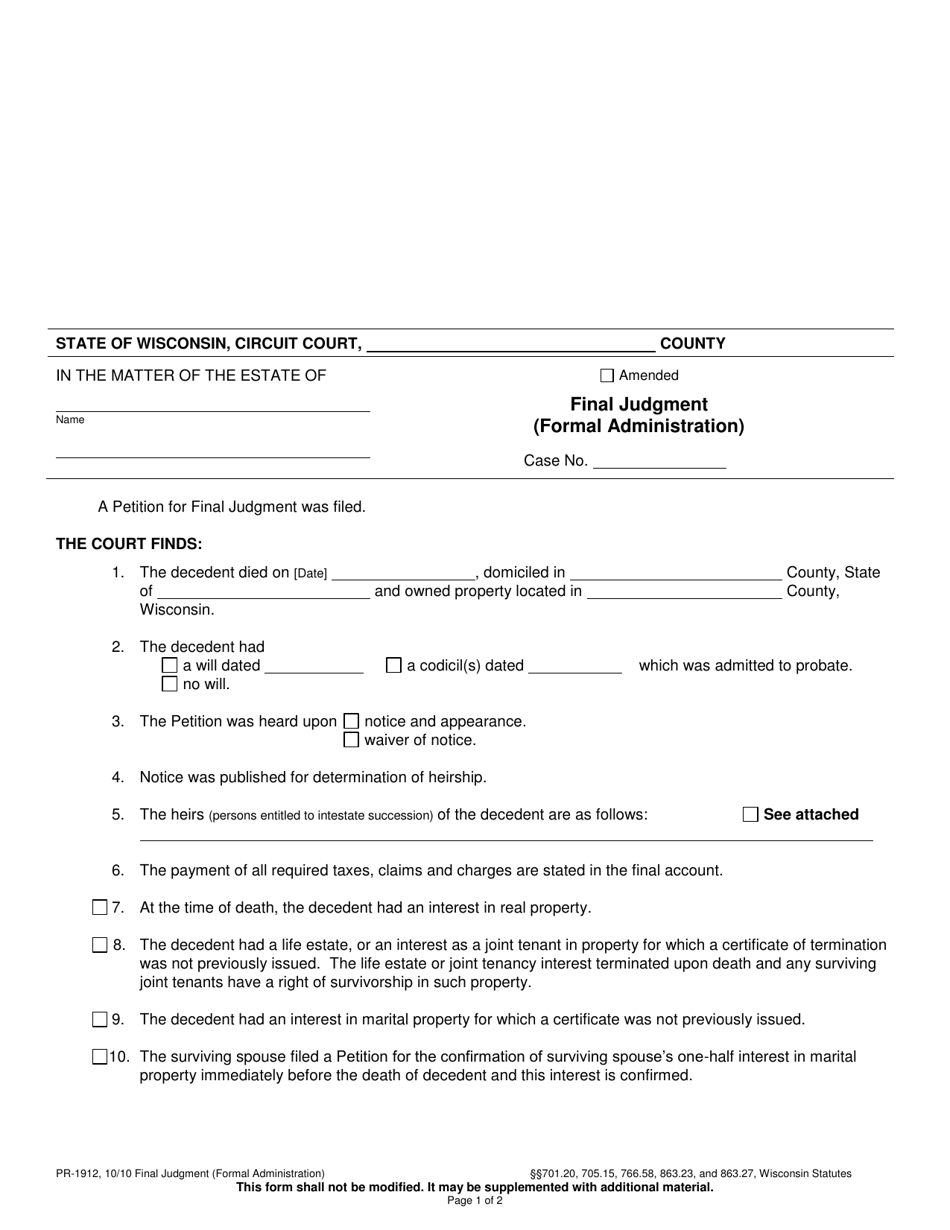 Form PR-1912 Final Judgment (Formal Administration) - Wisconsin, Page 1