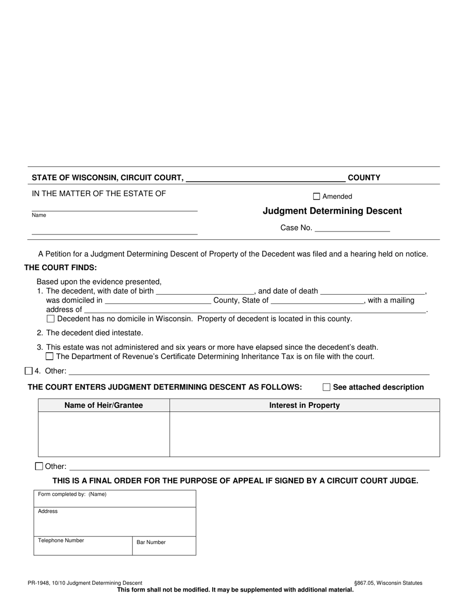 Form PR-1948 Judgment Determining Descent - Wisconsin, Page 1