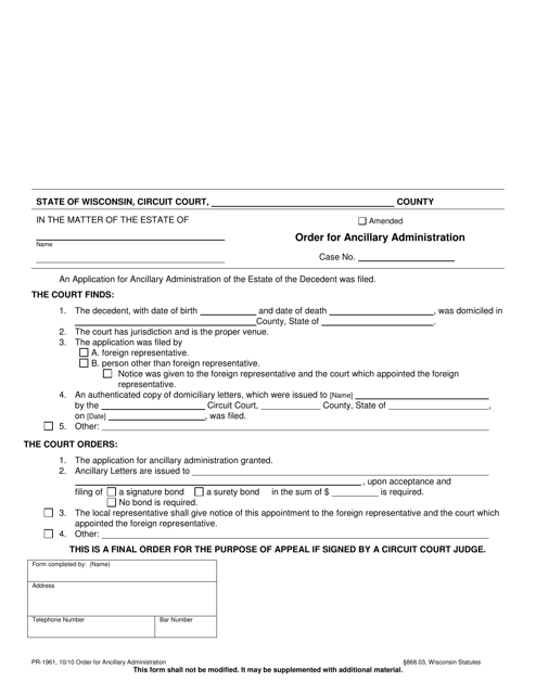 Form PR-1961 Order for Ancillary Administration - Wisconsin