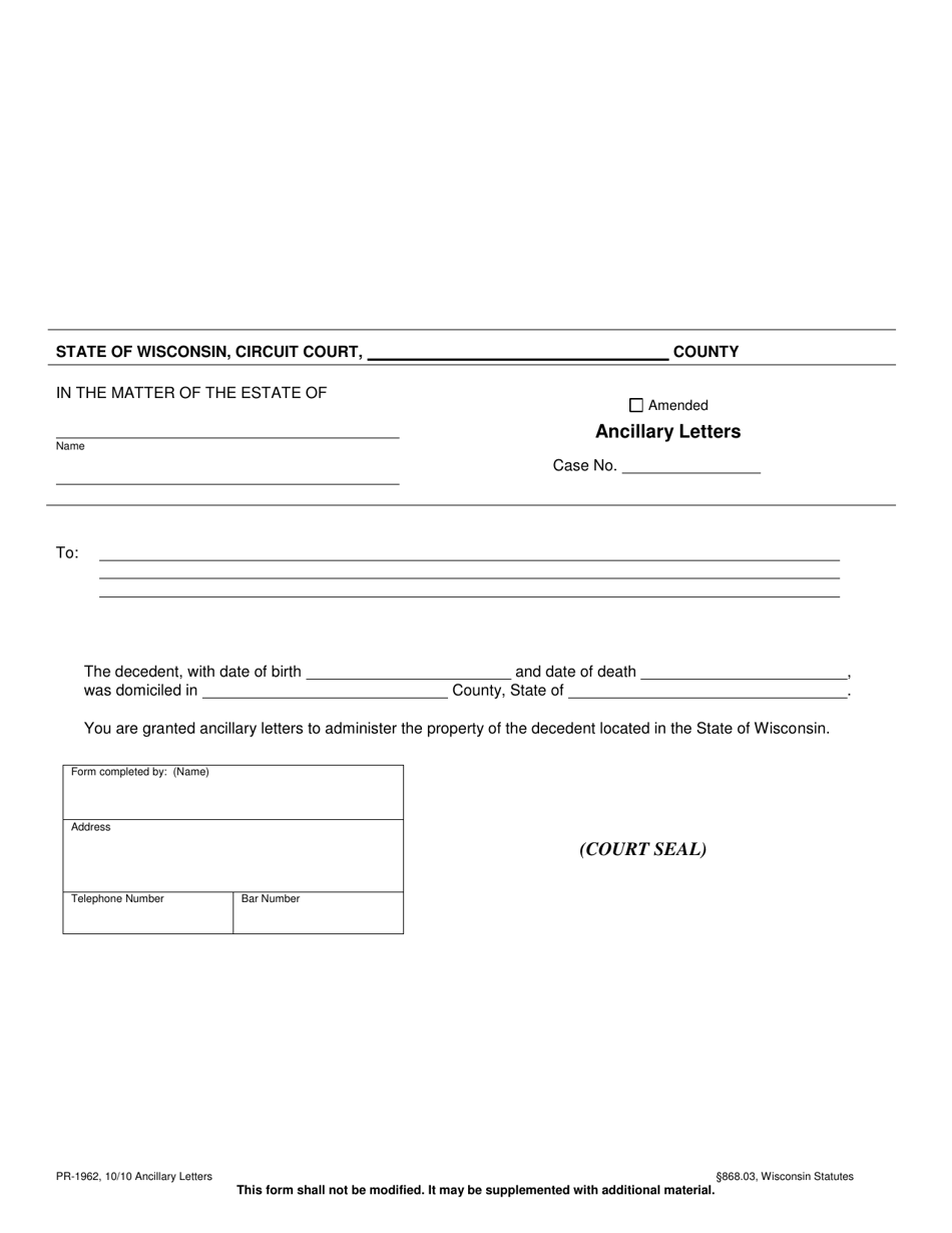 Form PR-1962 Ancillary Letters - Wisconsin, Page 1