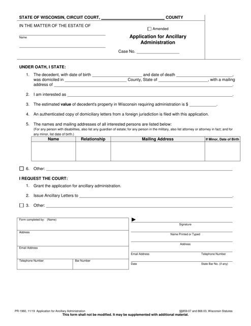 Form PR-1960 Application for Ancillary Administration - Wisconsin
