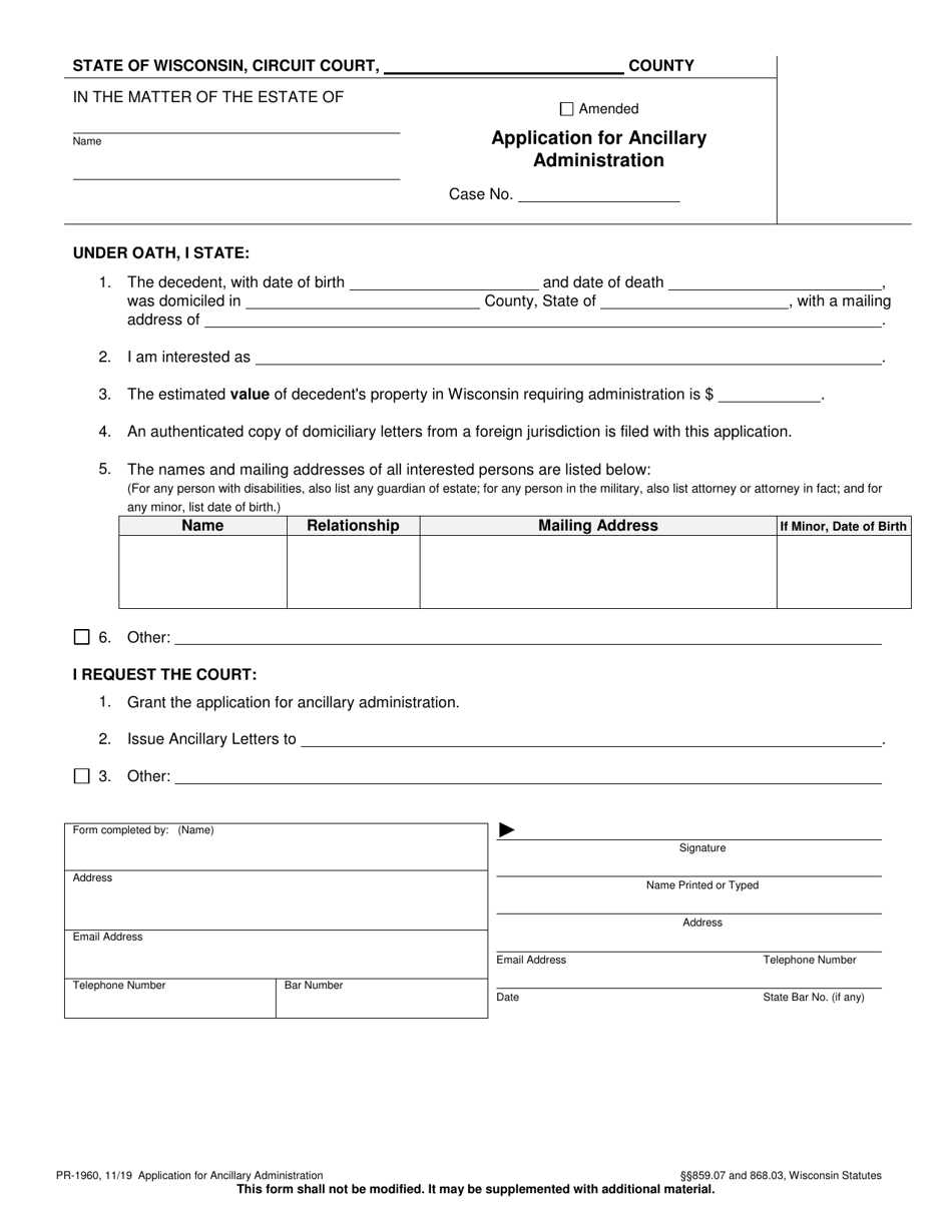 Form PR-1960 Application for Ancillary Administration - Wisconsin, Page 1