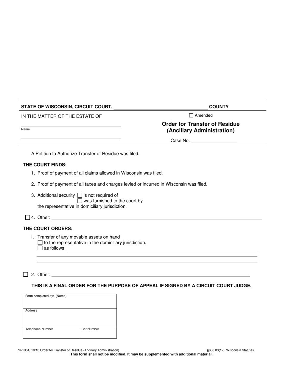 Form PR-1964 Order for Transfer of Residue (Ancillary Administration) - Wisconsin, Page 1