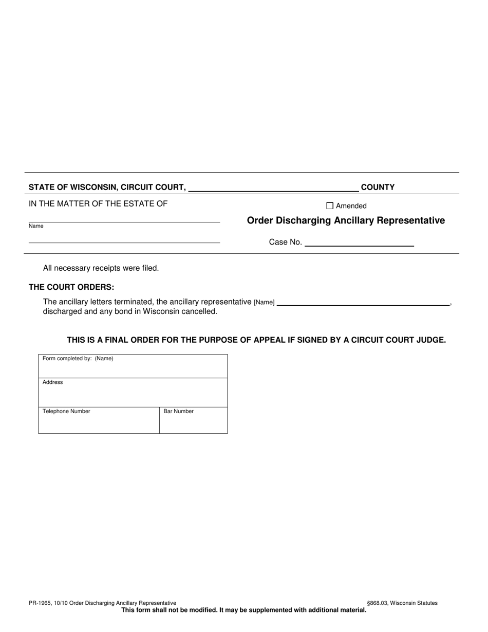 Form PR-1965 Order Discharging Ancillary Representative - Wisconsin, Page 1