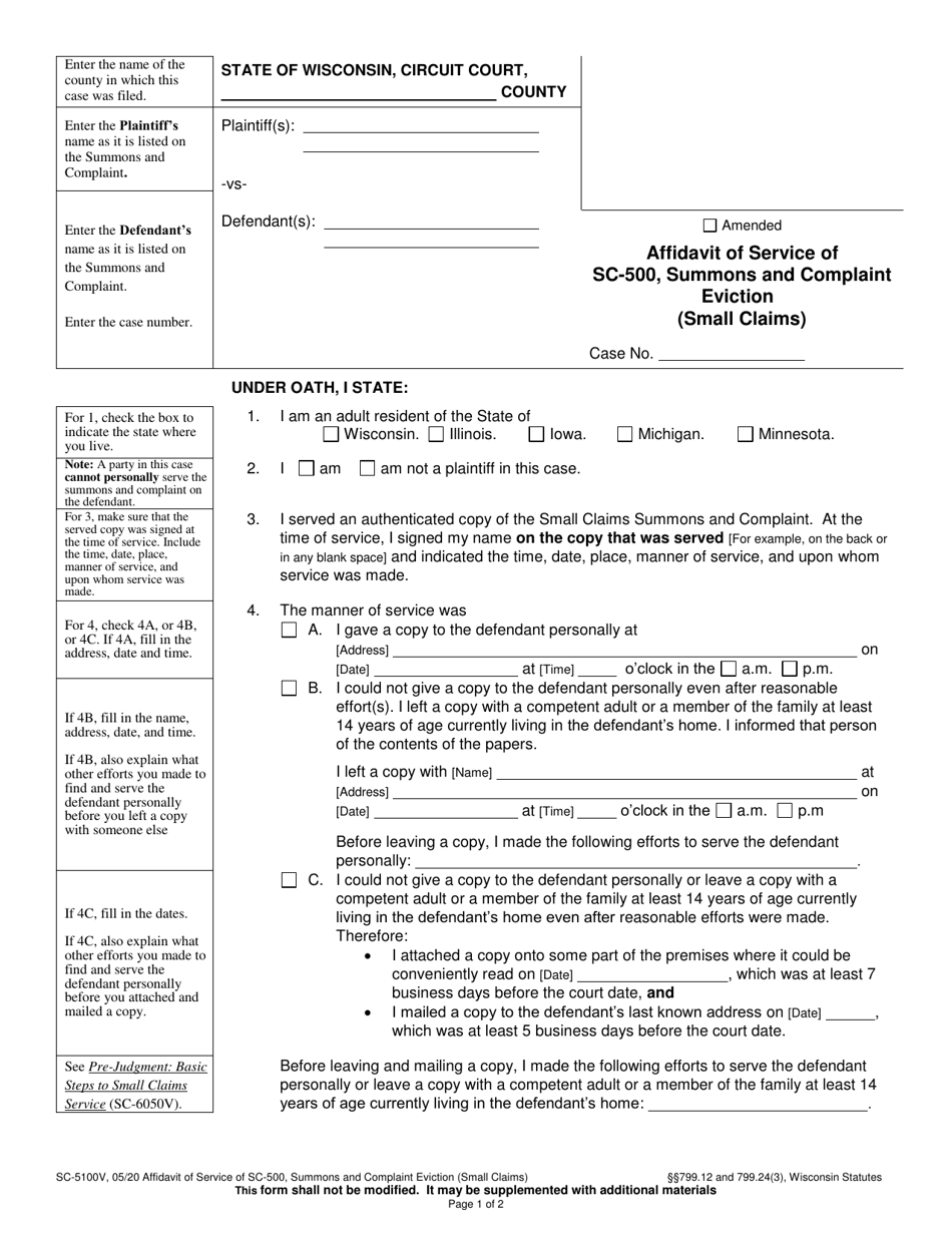 Form SC-5100V Affidavit of Service of Sc-500, Summons and Complaint Eviction (Small Claims) - Wisconsin, Page 1