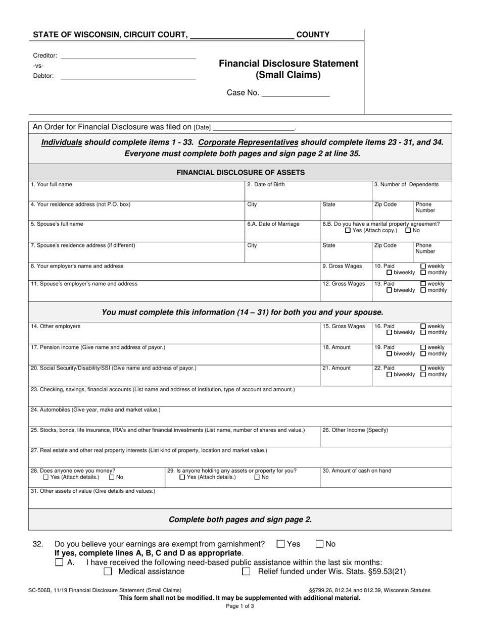 Form SC-506B Financial Disclosure Statement (Small Claims) - Wisconsin, Page 1