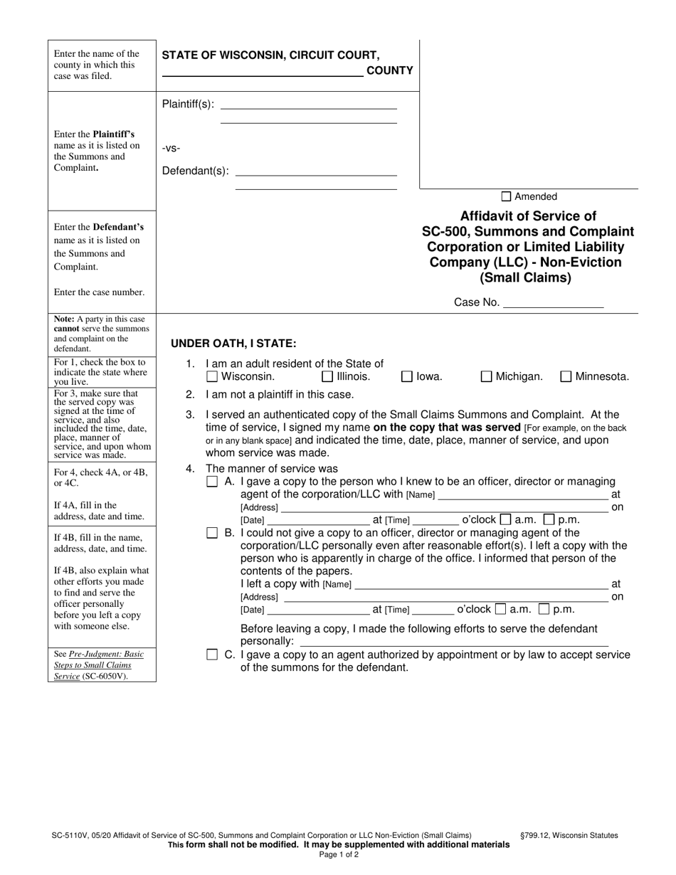 Form SC-5110V Affidavit of Service of Sc-500, Summons and Complaint Corporation or Limited Liability Company (LLC) - Non-eviction (Small Claims) - Wisconsin, Page 1