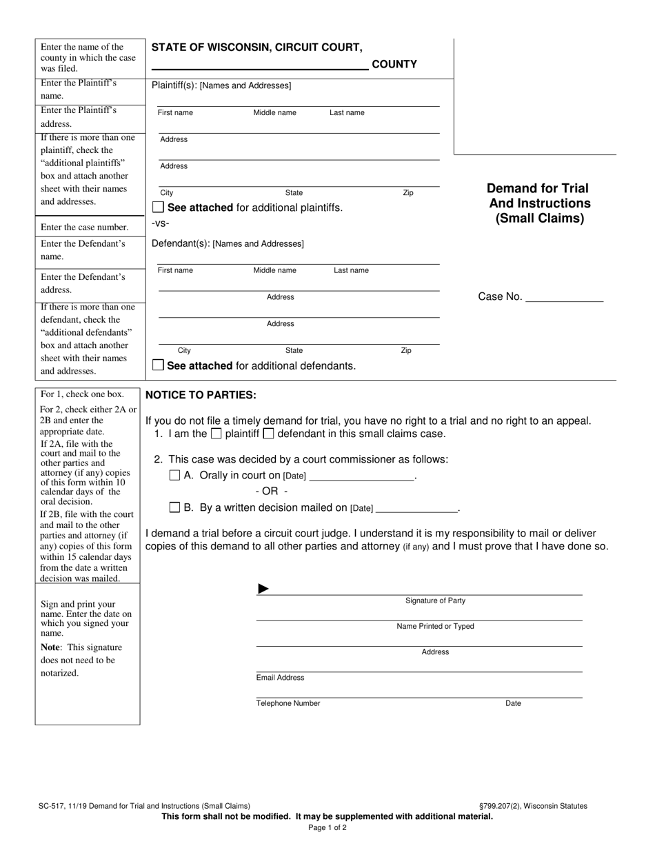 Form SC-517 Demand for Trial and Instructions (Small Claims) - Wisconsin, Page 1