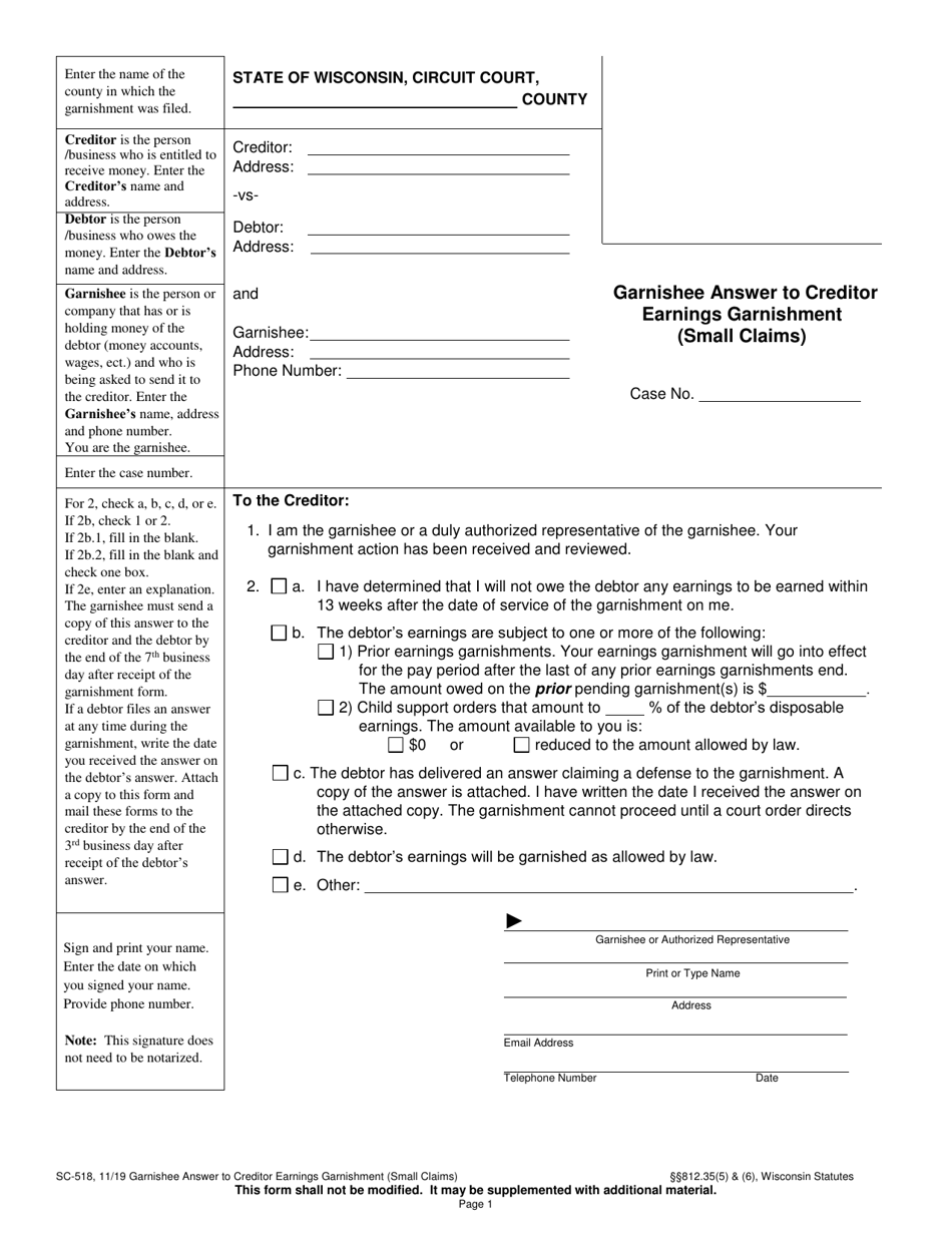 Form SC-518 Garnishee Answer to Creditor Earnings Garnishment (Small Claims) - Wisconsin, Page 1