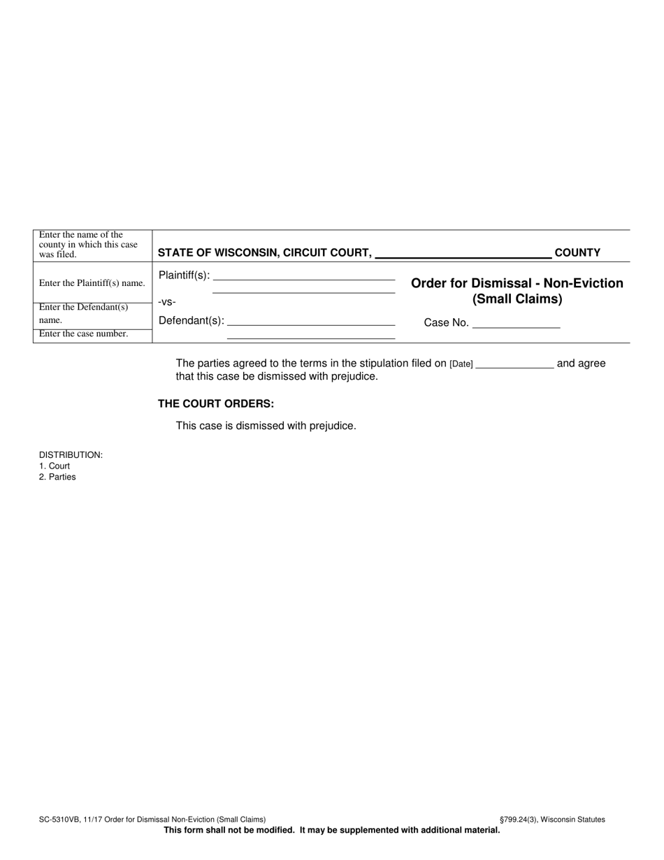 Form SC-5310VB Order for Dismissal - Non-eviction (Small Claims) - Wisconsin, Page 1