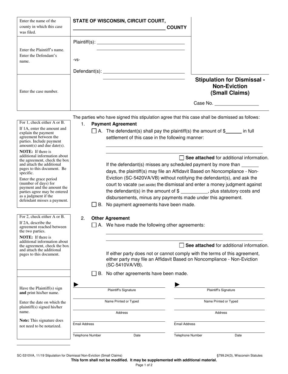 Form SC-5310VA Stipulation for Dismissal - Non-eviction (Small Claims) - Wisconsin, Page 1