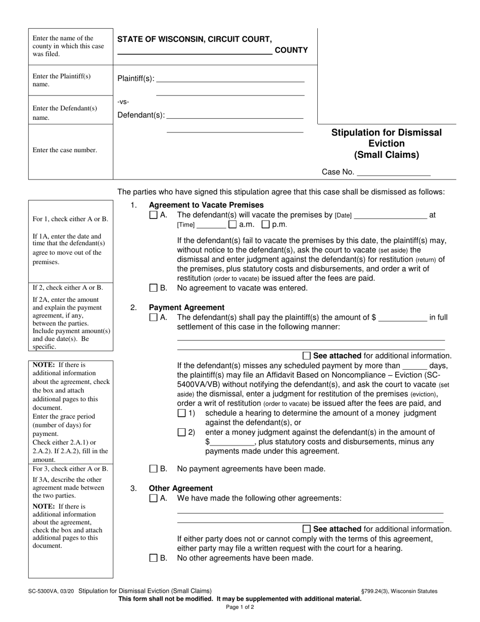 Form SC-5300VA Stipulation for Dismissal Eviction (Small Claims) - Wisconsin, Page 1