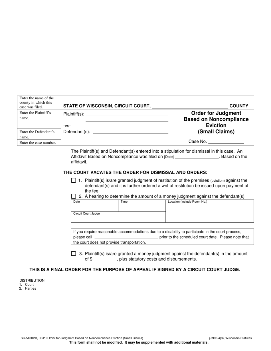 Form SC-5400VB Order for Judgment Based on Noncompliance Eviction (Small Claims) - Wisconsin, Page 1