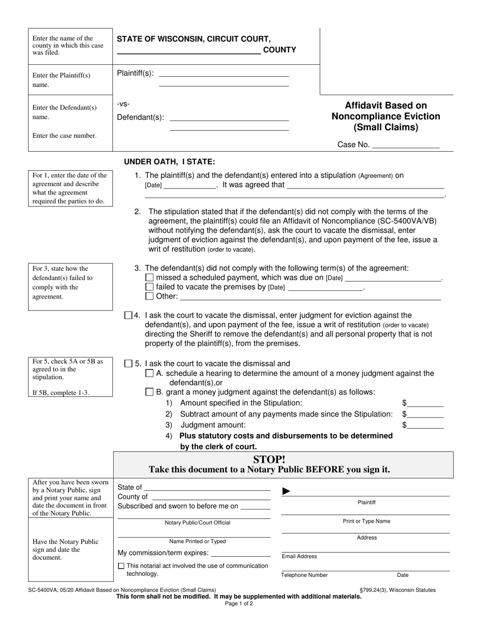 Form SC-5400VA Affidavit Based on Noncompliance Eviction (Small Claims) - Wisconsin, Page 1