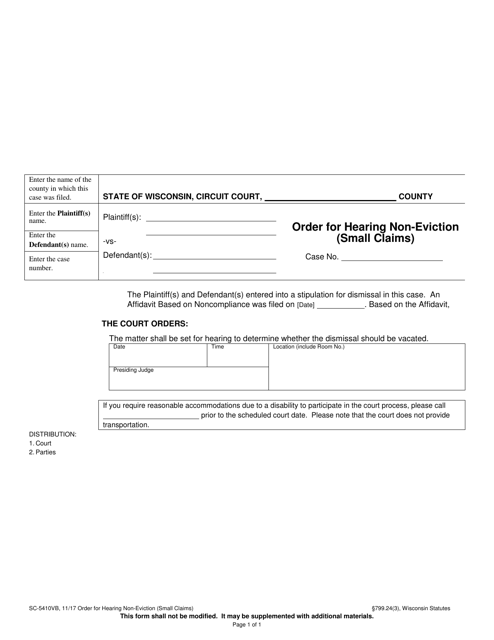 Form SC-5410VB Order for Hearing Non-eviction (Small Claims) - Wisconsin