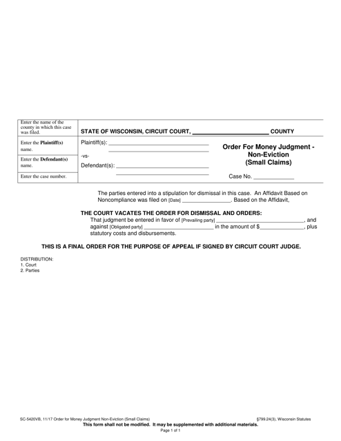 Form SC-5420VB Order for Money Judgment - Non-eviction (Small Claims) - Wisconsin