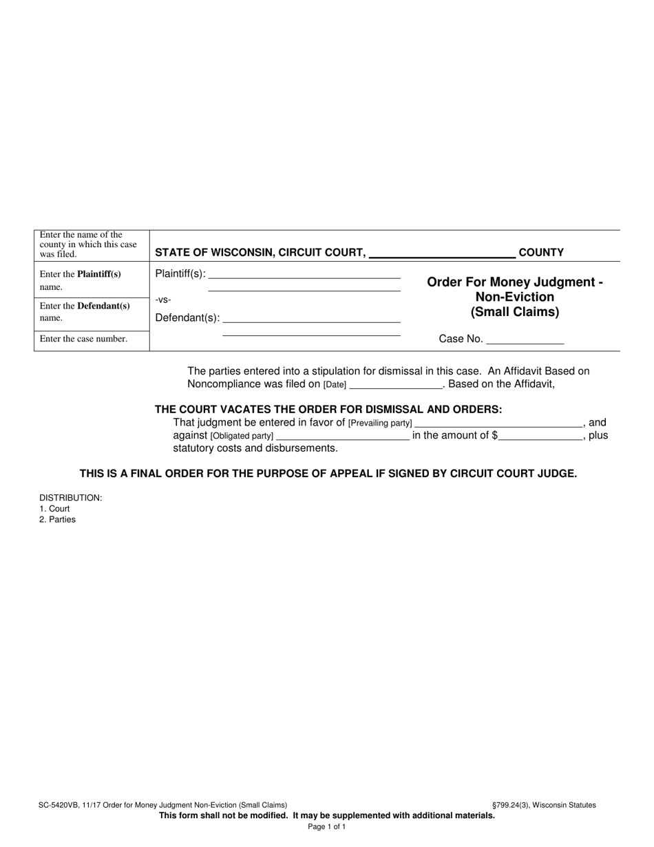 Form SC-5420VB Order for Money Judgment - Non-eviction (Small Claims) - Wisconsin, Page 1