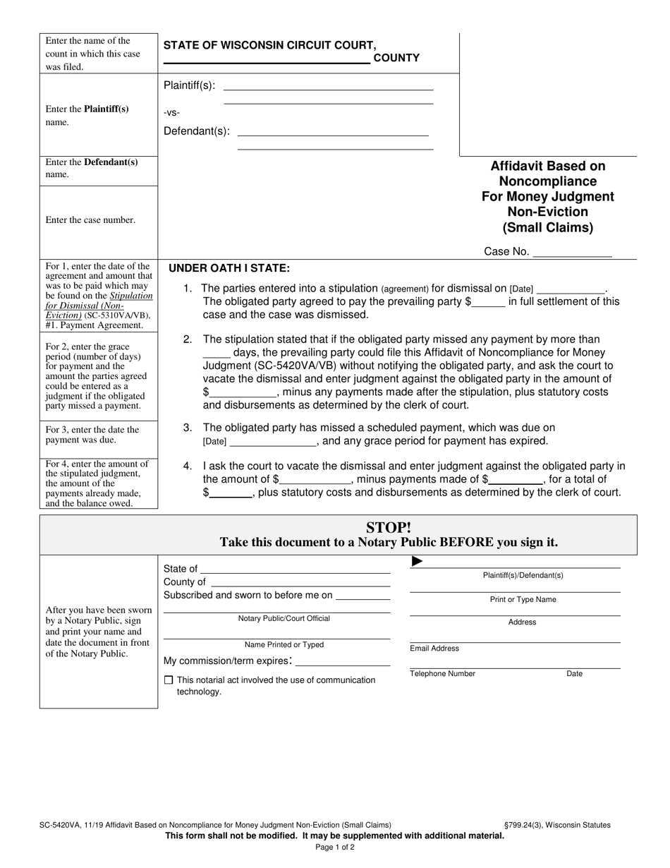 Form SC-5420VA Affidavit Based on Noncompliance for Money Judgment Non-eviction (Small Claims) - Wisconsin, Page 1