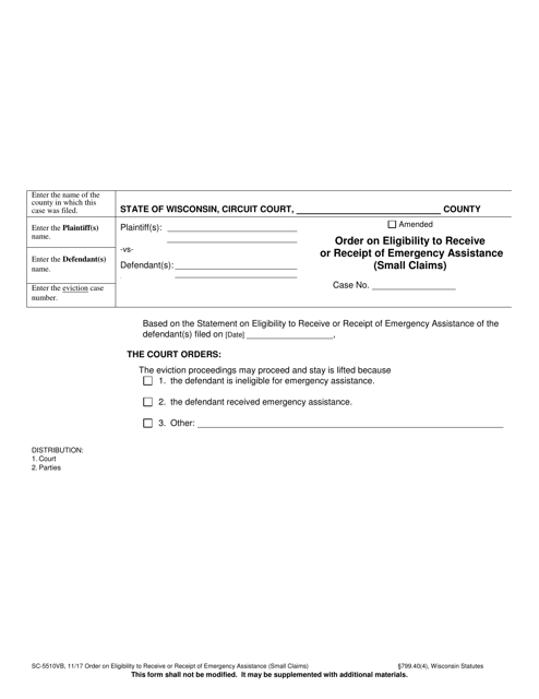 Form SC-5510VB Order on Eligibility to Receive or Receipt of Emergency Assistance (Small Claims) - Wisconsin