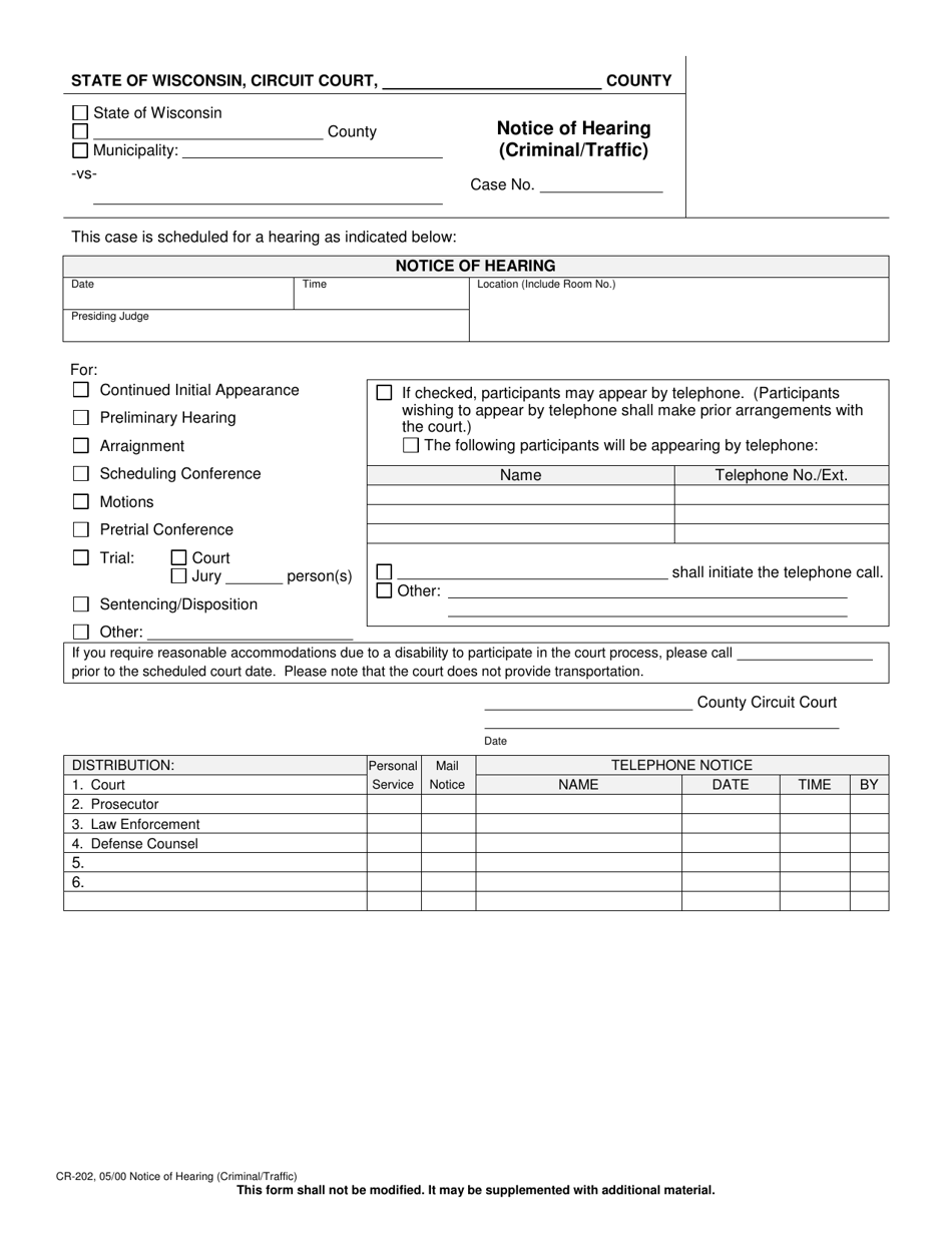 Form CR-202 Notice of Hearing (Criminal / Traffic) - Wisconsin, Page 1