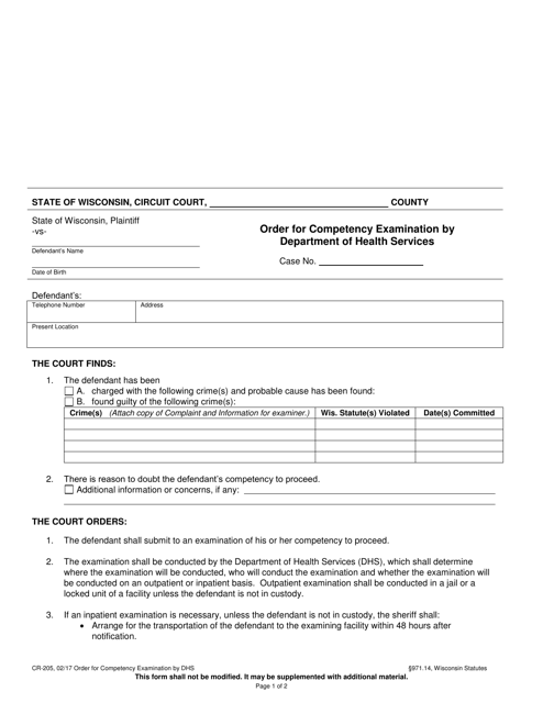 Form CR-205 Order for Competency Examination by Department of Health Services - Wisconsin
