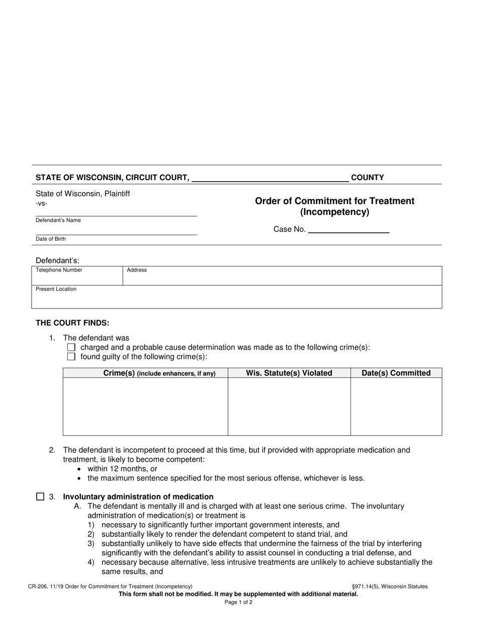 Form CR-206 Order of Commitment for Treatment (Incompetency) - Wisconsin, Page 1