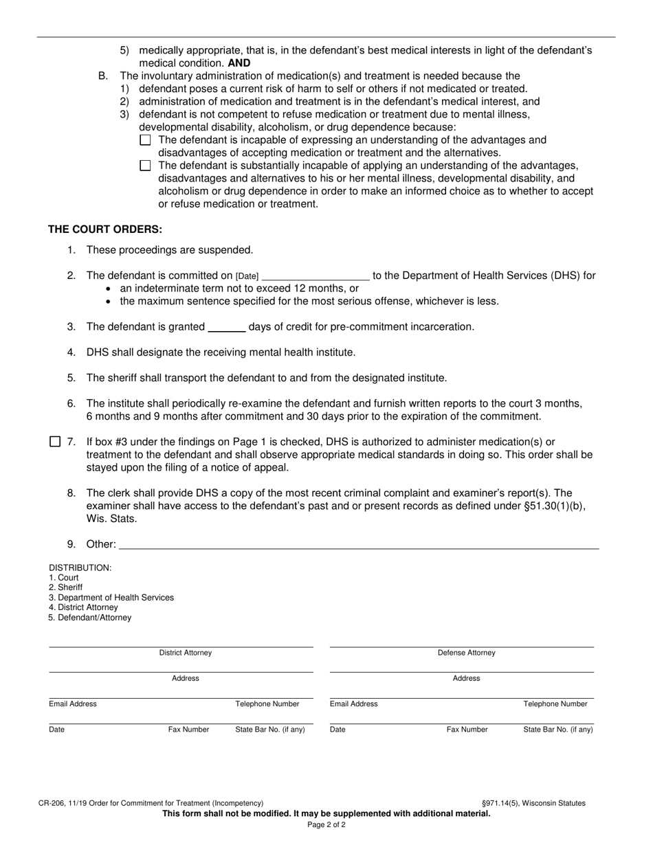 Form CR-206 Order of Commitment for Treatment (Incompetency) - Wisconsin, Page 2