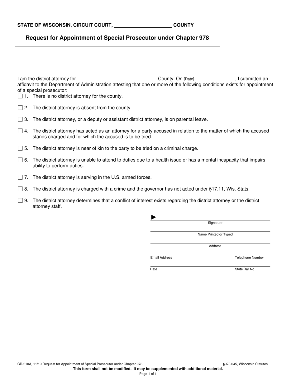 Form CR-210A Request for Appointment of Special Prosecutor Under Chapter 978 - Wisconsin, Page 1