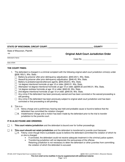 Form CR-223 Original Adult Court Jurisdiction Order - Wisconsin