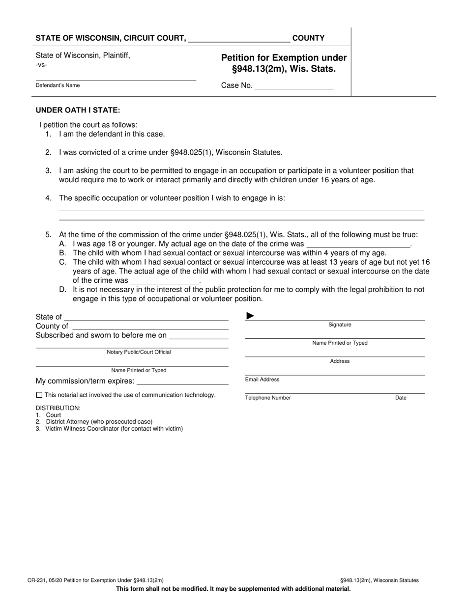 Form CR-231 Petition for Exemption Under 948.13(2m), Wis. Stats. - Wisconsin, Page 1