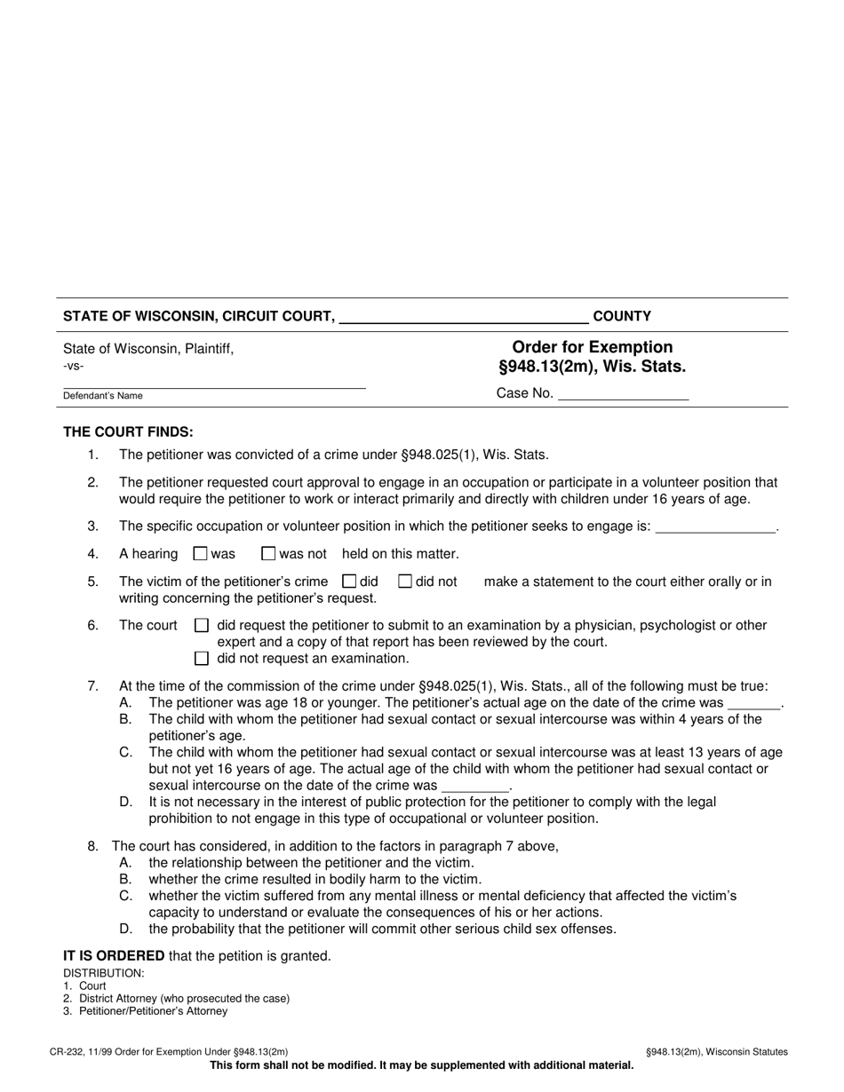 Form CR-232 Order for Exemption Under 948.13(2m) - Wisconsin, Page 1