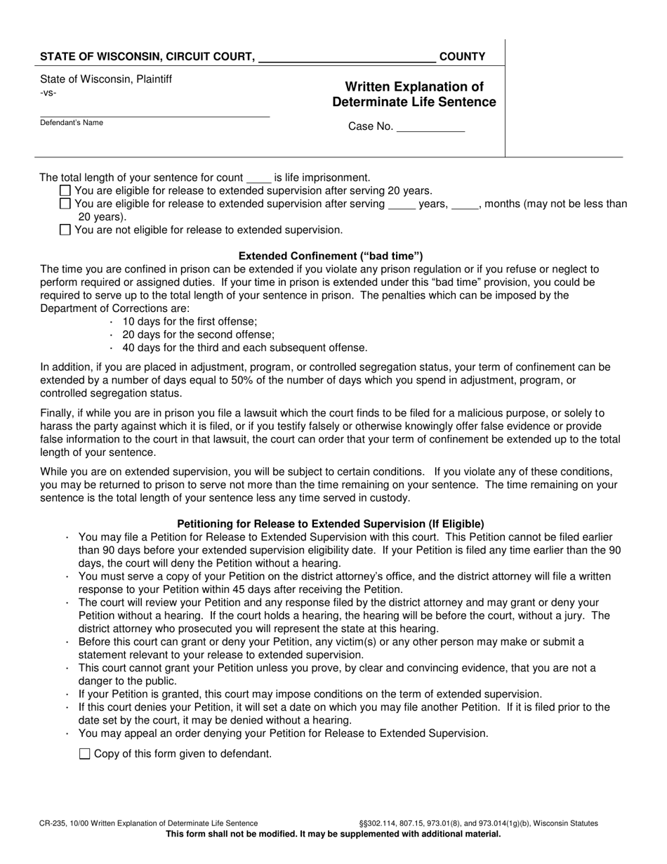 Form CR-235 Written Explanation of Determinate Life Sentence - Wisconsin, Page 1