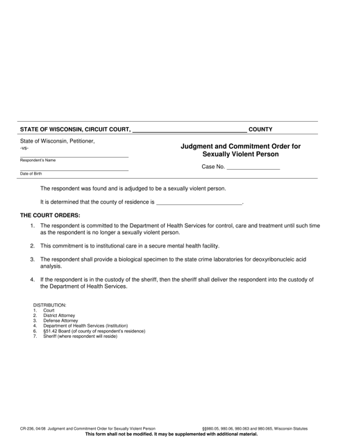 Form CR-236 Judgment and Commitment Order for Sexually Violent Person - Wisconsin