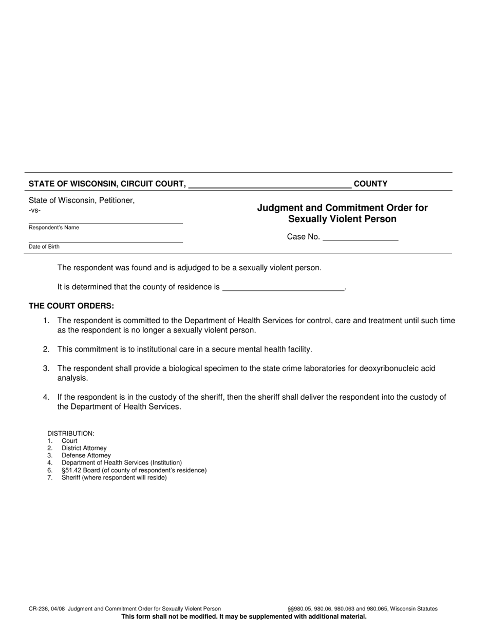 Form CR-236 Judgment and Commitment Order for Sexually Violent Person - Wisconsin, Page 1