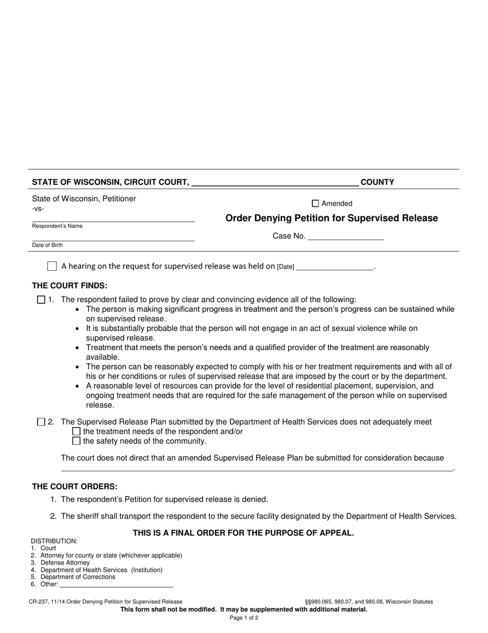 Form CR-237 Order Denying Petition for Supervised Release - Wisconsin, Page 1