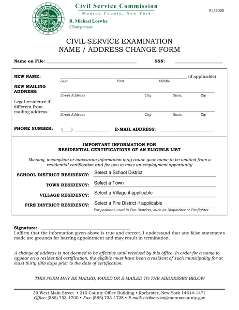 Civil Service Examination Name/Address Change Form - Monroe County, New York