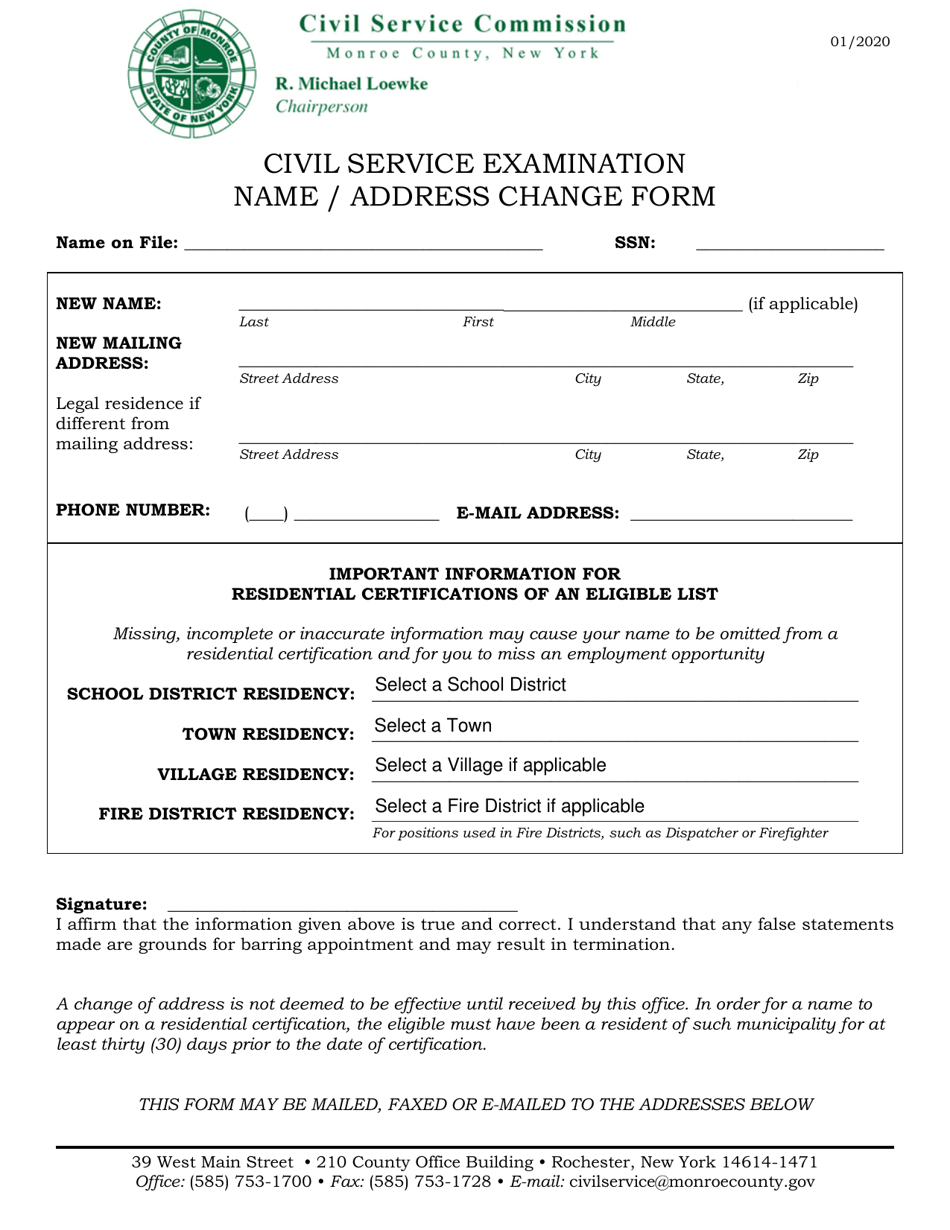 Civil Service Examination Name / Address Change Form - Monroe County, New York, Page 1