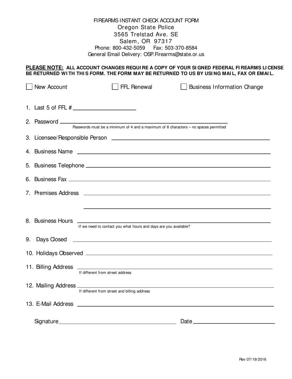 Firearms Instant Check Account Form - Oregon, Page 1