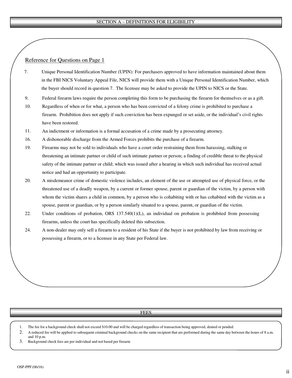 Form OSP-PPF Firearms Transfer Record - Oregon, Page 2