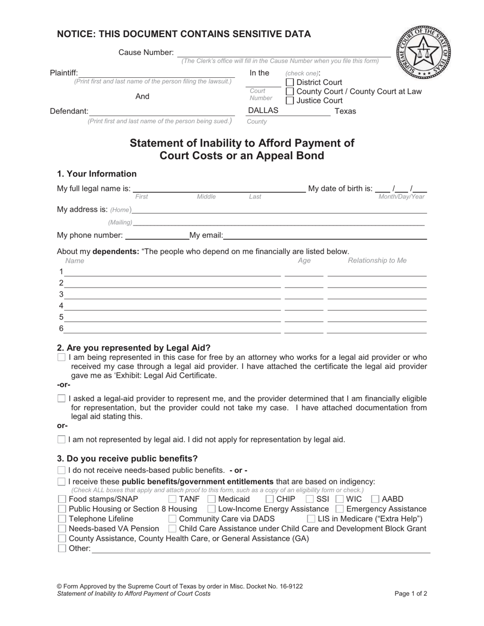 Statement of Inability to Afford Payment of Court Costs or an Appeal Bond - Dallas County, Texas, Page 1