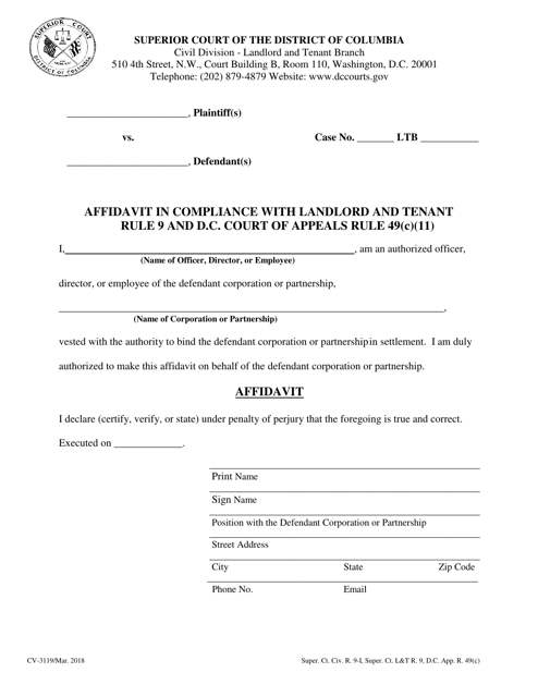Form CV-3119 Affidavit in Compliance With Landlord and Tenant Rule 9 and D.c. Court of Appeals Rule 49(C)(11) - Washington, D.C.